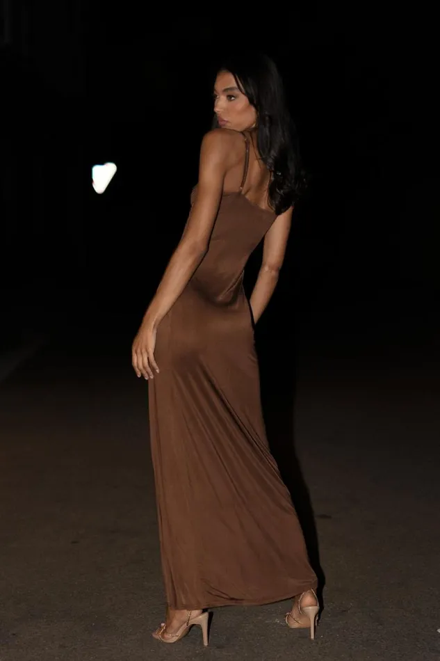 Women Meshki Dresses Jojo Jersey Split Maxi Dress With Diamante 8211 Chocolate