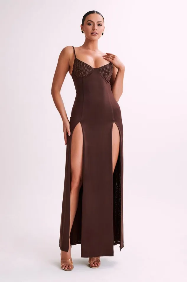 Women Meshki Dresses Jojo Jersey Split Maxi Dress With Diamante 8211 Chocolate