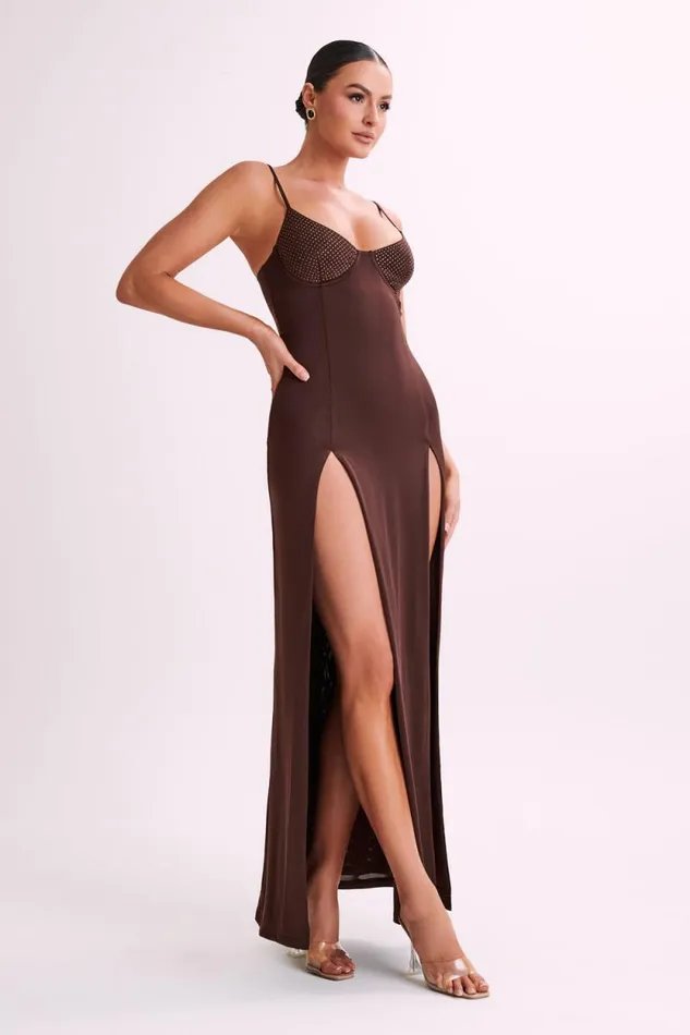 Women Meshki Dresses Jojo Jersey Split Maxi Dress With Diamante 8211 Chocolate