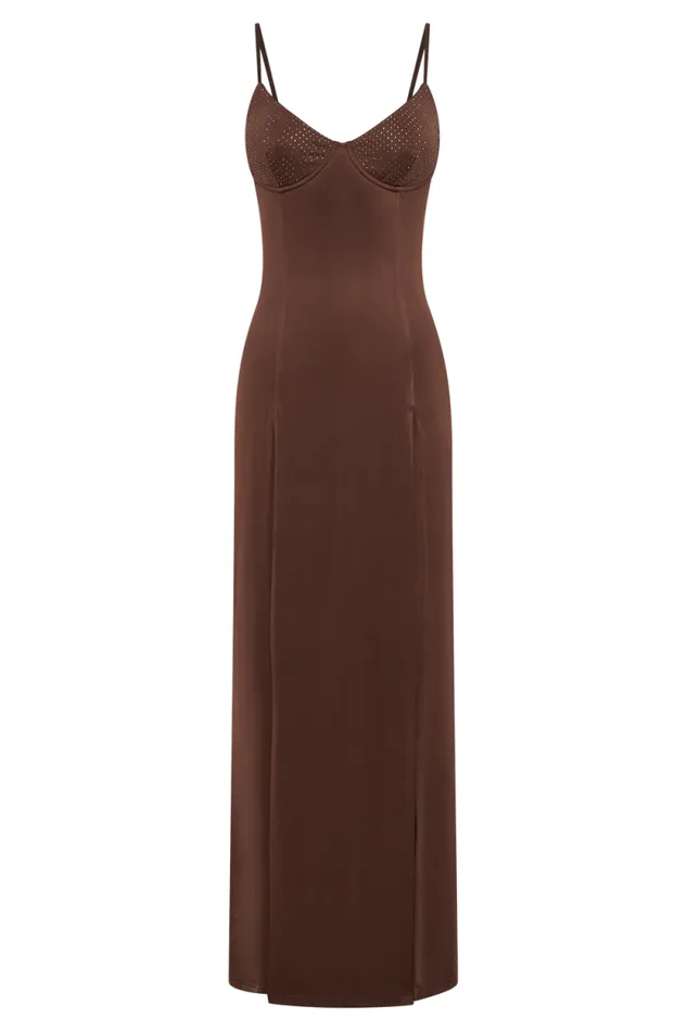 Women Meshki Dresses Jojo Jersey Split Maxi Dress With Diamante 8211 Chocolate