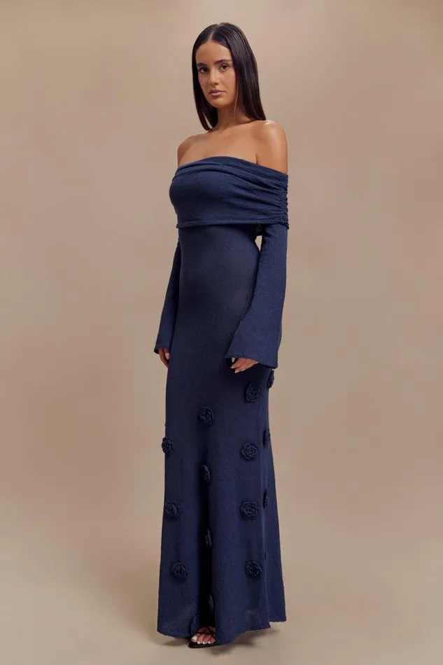 Women Meshki Dresses Kiki Off Shoulder Knit Rose Maxi Dress 8211 Navy