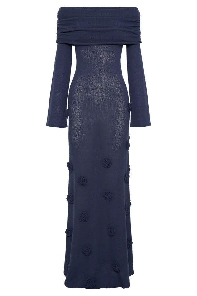 Women Meshki Dresses Kiki Off Shoulder Knit Rose Maxi Dress 8211 Navy