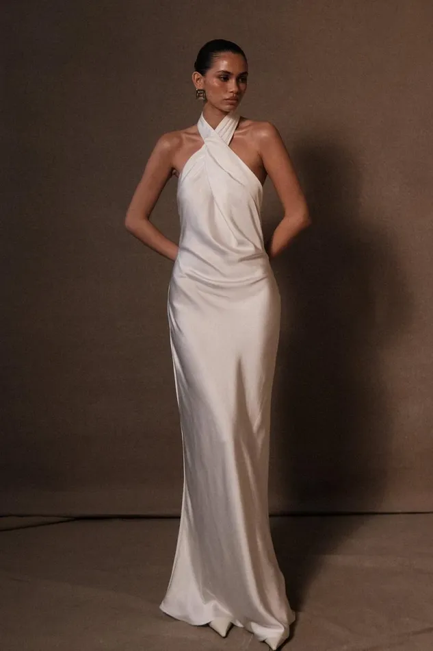 Women Meshki Dresses Laura Halter Satin Gown 8211 White