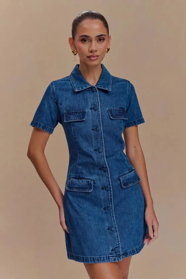 Women Meshki Dresses Leighton Denim Button Down Mini Dress 8211 Dark Blue