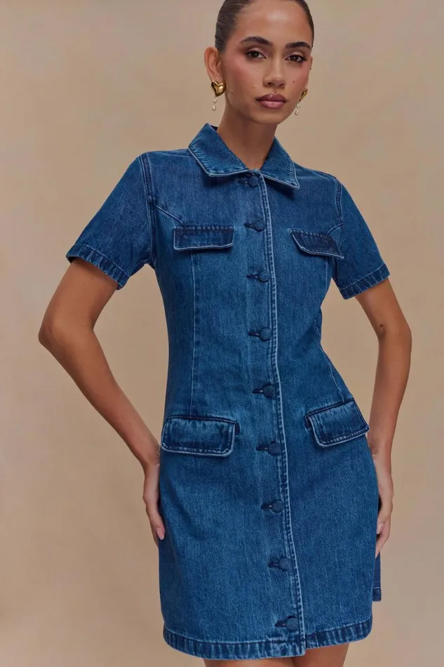 Women Meshki Dresses Leighton Denim Button Down Mini Dress 8211 Dark Blue