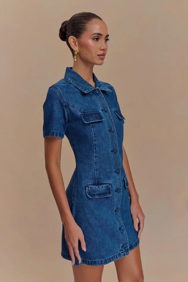 Women Meshki Dresses Leighton Denim Button Down Mini Dress 8211 Dark Blue