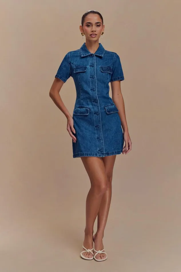 Women Meshki Dresses Leighton Denim Button Down Mini Dress 8211 Dark Blue