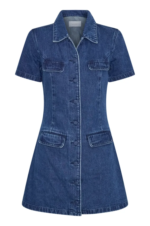 Women Meshki Dresses Leighton Denim Button Down Mini Dress 8211 Dark Blue
