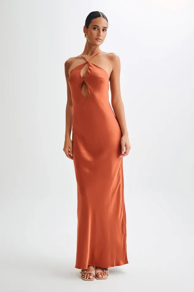 Women Meshki Dresses Lucia Satin Cut Out Maxi Dress 8211 Burnt Orange