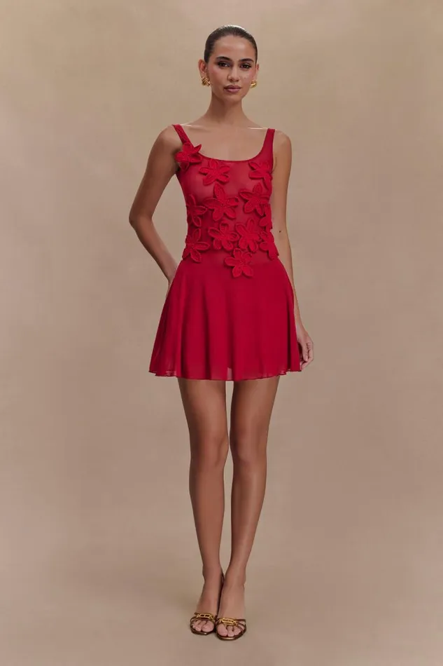 Women Meshki Dresses Melanie Mesh Mini Dress With Flowers 8211 Ruby