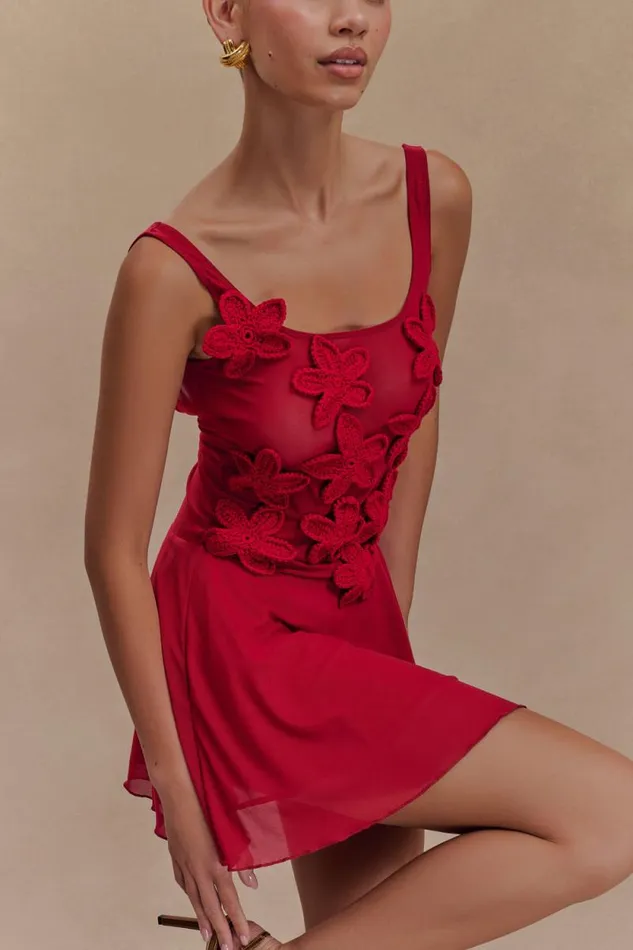 Women Meshki Dresses Melanie Mesh Mini Dress With Flowers 8211 Ruby