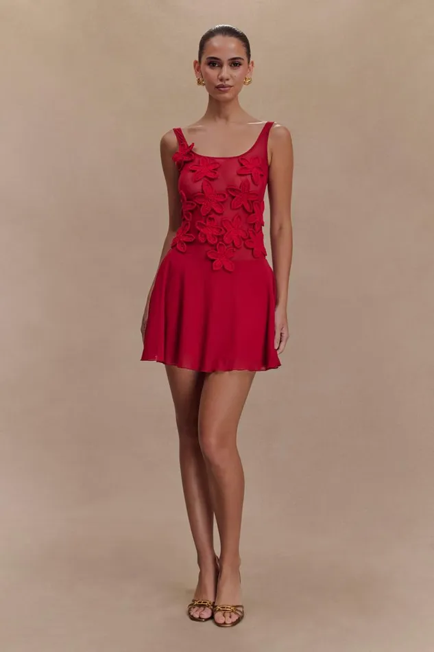 Women Meshki Dresses Melanie Mesh Mini Dress With Flowers 8211 Ruby