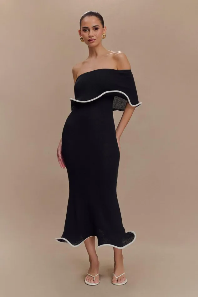 Women Meshki Dresses Molly Off Shoulder Knit Midi Dress 8211 BlackWhite