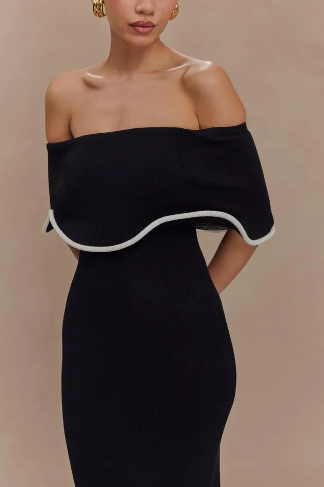 Women Meshki Dresses Molly Off Shoulder Knit Midi Dress 8211 BlackWhite