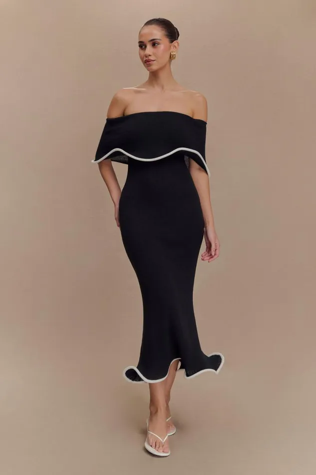 Women Meshki Dresses Molly Off Shoulder Knit Midi Dress 8211 BlackWhite