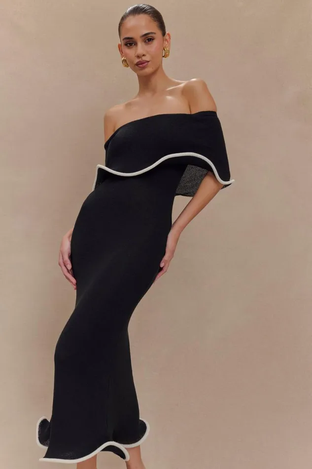 Women Meshki Dresses Molly Off Shoulder Knit Midi Dress 8211 BlackWhite