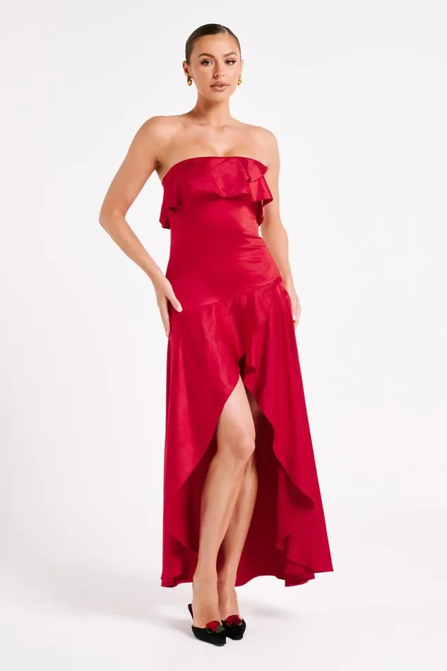 Women Meshki Dresses Sulianna Strapless Ruffle Midi Dress 8211 Vermilion Red