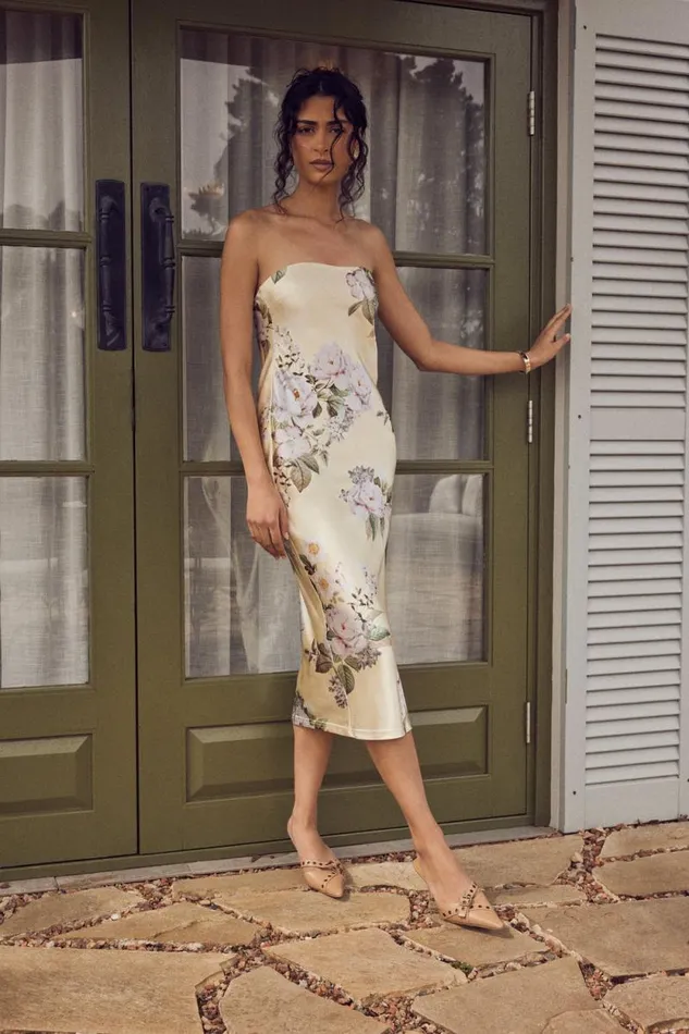 Women Meshki Dresses Tyler Strapless Satin Midi Dress 8211 Lemon Floral Print