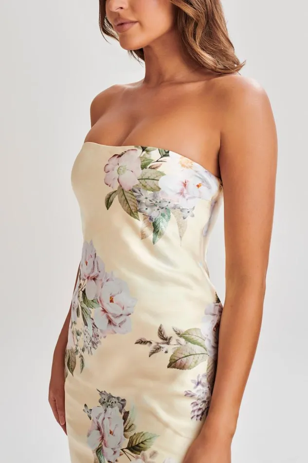 Women Meshki Dresses Tyler Strapless Satin Midi Dress 8211 Lemon Floral Print Women Meshki Dresses Tyler Strapless Satin Midi Dress 8211 Lemon Floral Print