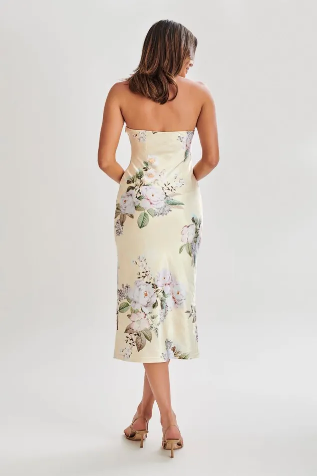 Women Meshki Dresses Tyler Strapless Satin Midi Dress 8211 Lemon Floral Print Women Meshki Dresses Tyler Strapless Satin Midi Dress 8211 Lemon Floral Print