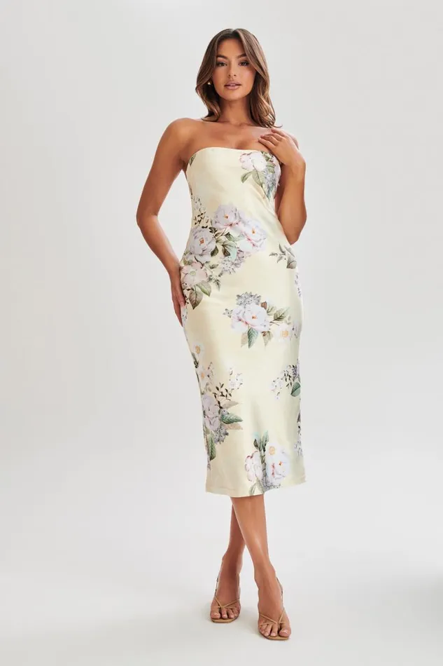 Women Meshki Dresses Tyler Strapless Satin Midi Dress 8211 Lemon Floral Print Women Meshki Dresses Tyler Strapless Satin Midi Dress 8211 Lemon Floral Print