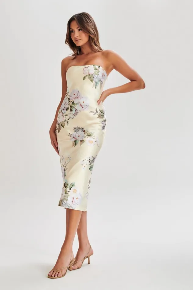 Women Meshki Dresses Tyler Strapless Satin Midi Dress 8211 Lemon Floral Print Women Meshki Dresses Tyler Strapless Satin Midi Dress 8211 Lemon Floral Print