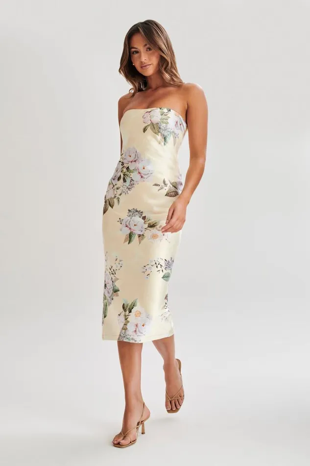 Women Meshki Dresses Tyler Strapless Satin Midi Dress 8211 Lemon Floral Print Women Meshki Dresses Tyler Strapless Satin Midi Dress 8211 Lemon Floral Print