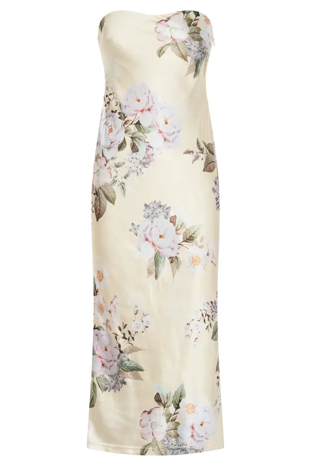Women Meshki Dresses Tyler Strapless Satin Midi Dress 8211 Lemon Floral Print Women Meshki Dresses Tyler Strapless Satin Midi Dress 8211 Lemon Floral Print