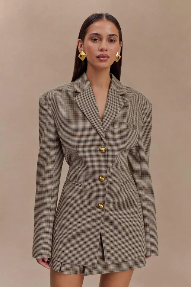 Women Meshki Outerwear Mila Shaped Blazer 8211 Tan Check
