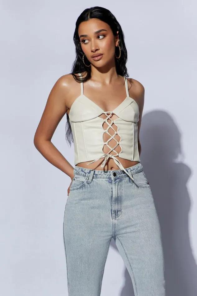 Women Meshki Tops Alaia Lace Up Corset Pu Top 8211 Wheat
