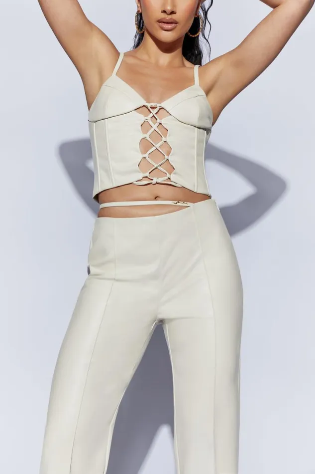 Women Meshki Tops Alaia Lace Up Corset Pu Top 8211 Wheat