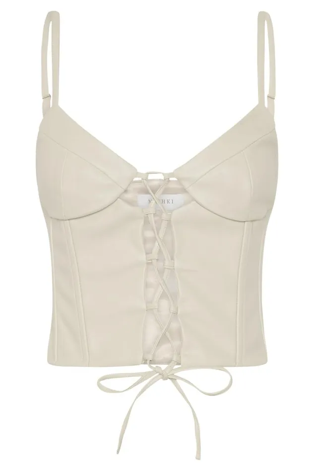 Women Meshki Tops Alaia Lace Up Corset Pu Top 8211 Wheat