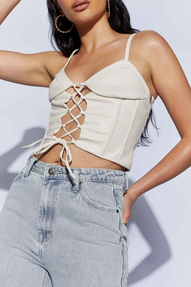 Women Meshki Tops Alaia Lace Up Corset Pu Top 8211 Wheat