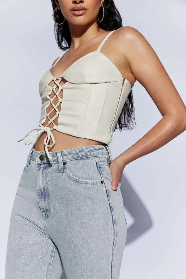 Women Meshki Tops Alaia Lace Up Corset Pu Top 8211 Wheat