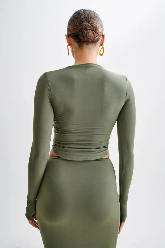 Women Meshki Tops Bruna Slinky Long Sleeve Top With Cut Out 8211 Military Olive
