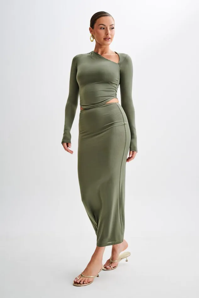 Women Meshki Tops Bruna Slinky Long Sleeve Top With Cut Out 8211 Military Olive