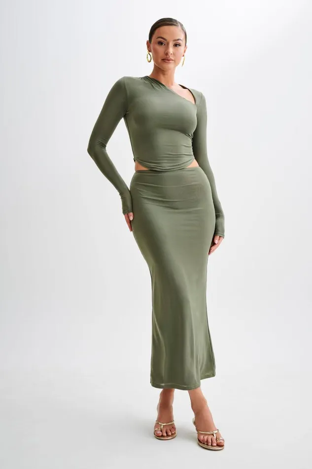Women Meshki Tops Bruna Slinky Long Sleeve Top With Cut Out 8211 Military Olive