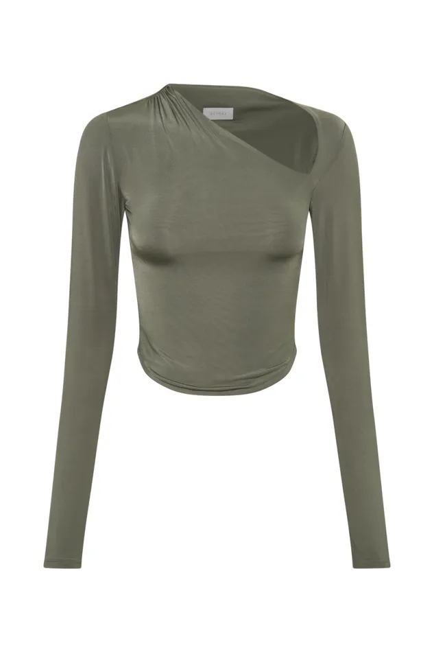 Women Meshki Tops Bruna Slinky Long Sleeve Top With Cut Out 8211 Military Olive