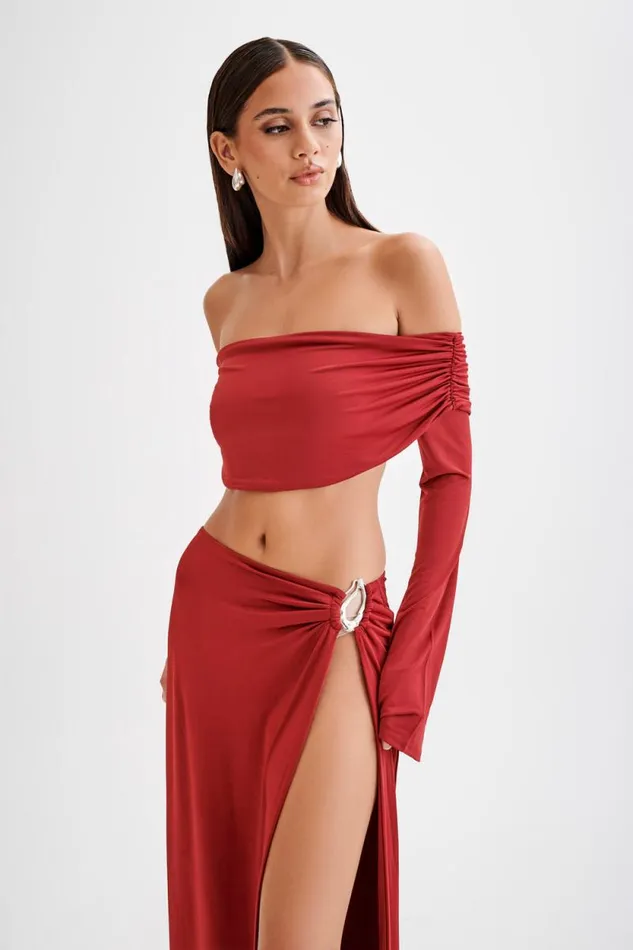 Women Meshki Tops Camryn Slinky Off Shoulder Crop Top 8211 Cherry Red