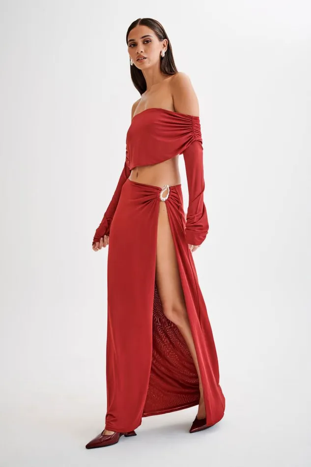 Women Meshki Tops Camryn Slinky Off Shoulder Crop Top 8211 Cherry Red