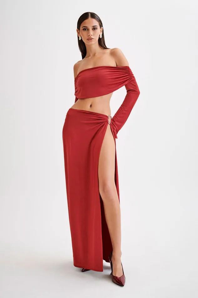Women Meshki Tops Camryn Slinky Off Shoulder Crop Top 8211 Cherry Red
