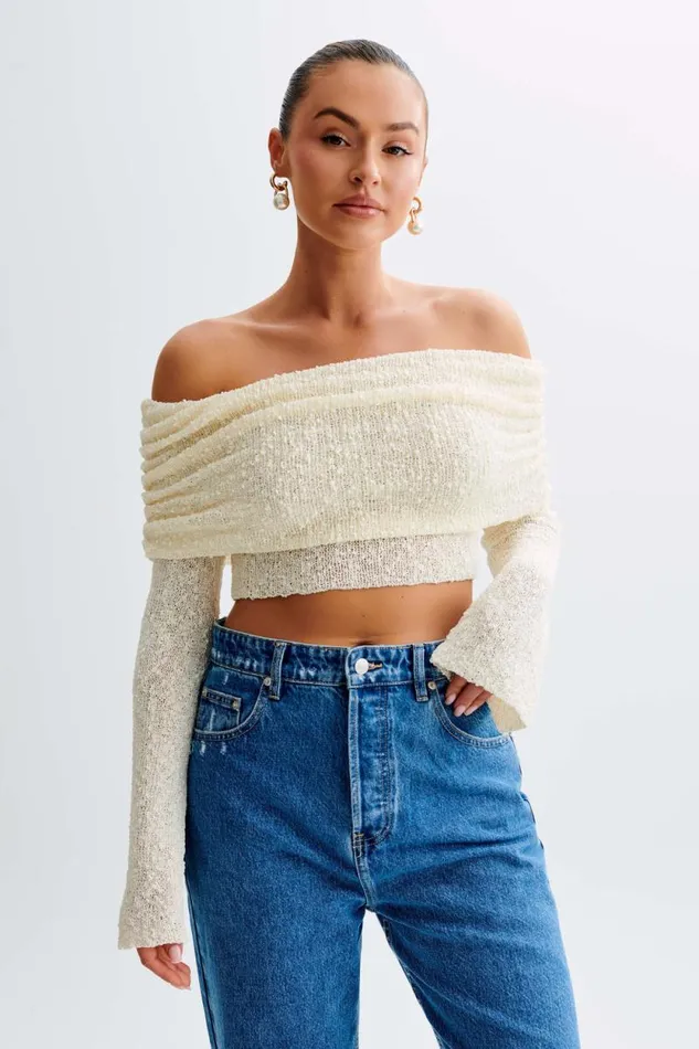 Women Meshki Tops Marisol Off Shoulder Boucle Top 8211 Ivory
