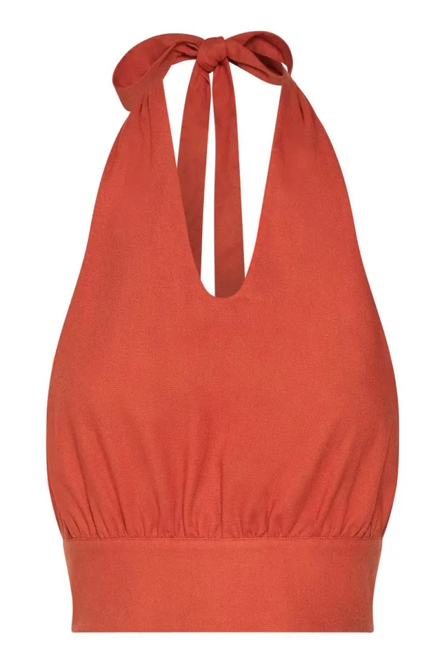 Women Meshki Tops Piper Halter Neck Linen Crop Top 8211 Terracotta