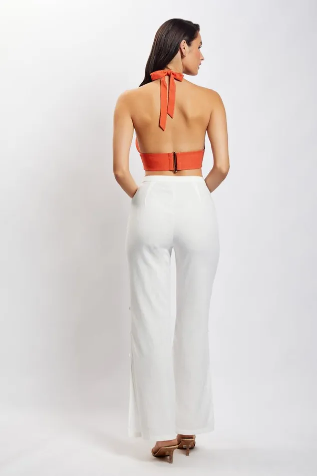Women Meshki Tops Piper Halter Neck Linen Crop Top 8211 Terracotta