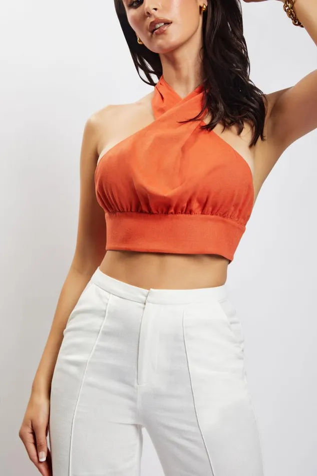 Women Meshki Tops Piper Halter Neck Linen Crop Top 8211 Terracotta