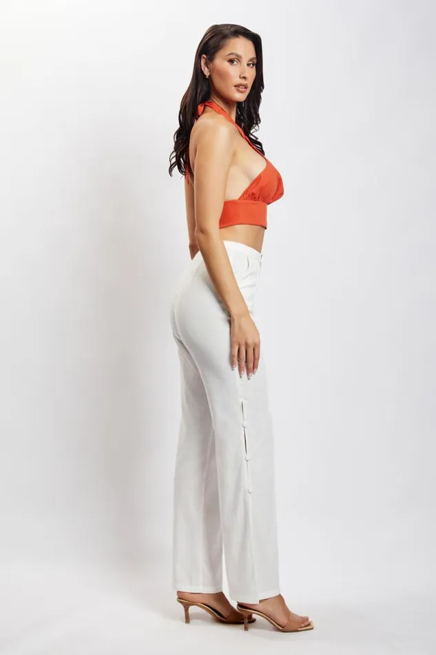 Women Meshki Tops Piper Halter Neck Linen Crop Top 8211 Terracotta