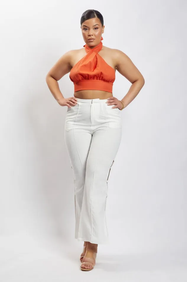 Women Meshki Tops Piper Halter Neck Linen Crop Top 8211 Terracotta