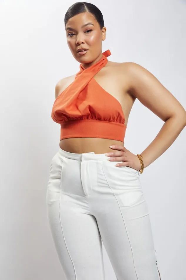 Women Meshki Tops Piper Halter Neck Linen Crop Top 8211 Terracotta