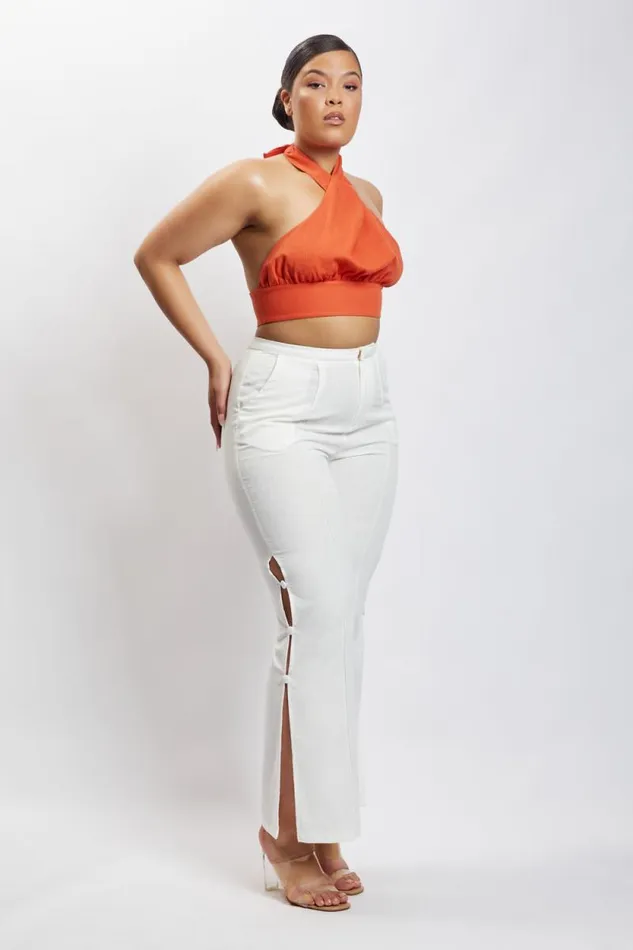 Women Meshki Tops Piper Halter Neck Linen Crop Top 8211 Terracotta