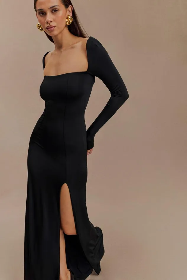 Women Meshki Two Piece Sets Desirie Slinky Long Sleeve Maxi Dress With Split 8211 Black